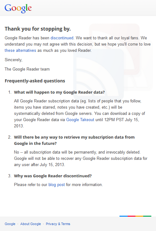 Google Reader 終了後のメッセージ