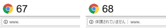Chrome 67 / 68 における、HTTP 通信時のアドレスバー例。左が Chrome 67、右が Chrome 68