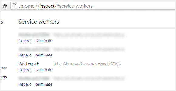 chrome://inspect/#service-workers で表示した Service Worker の一覧