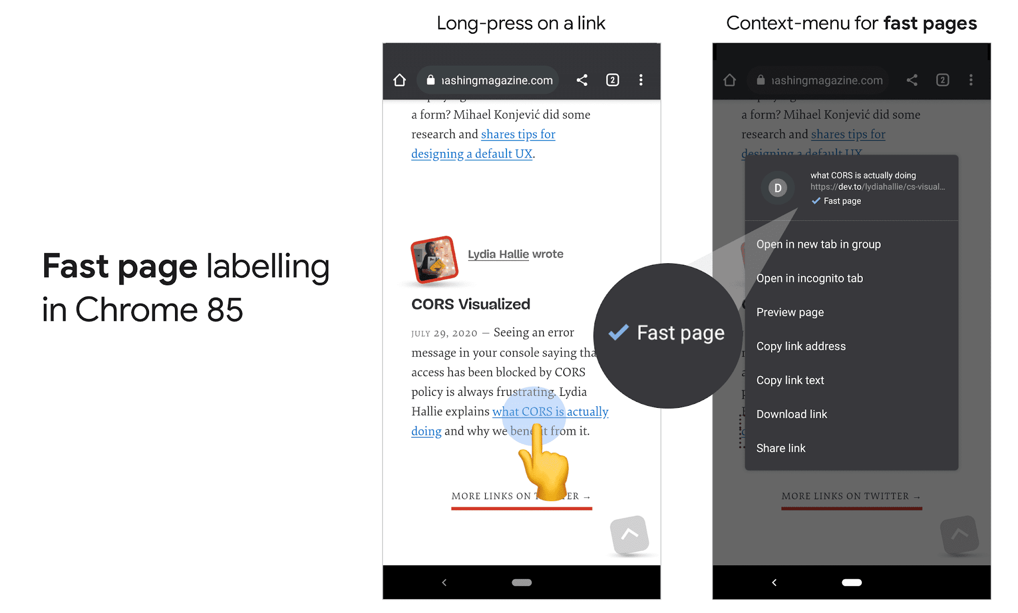 Chrome 85 for Android における 「Fast Page」（高速ページ） ラベルの表示例
