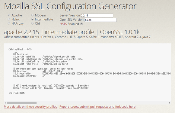 Mozilla SSL Configuration Generator による設定例