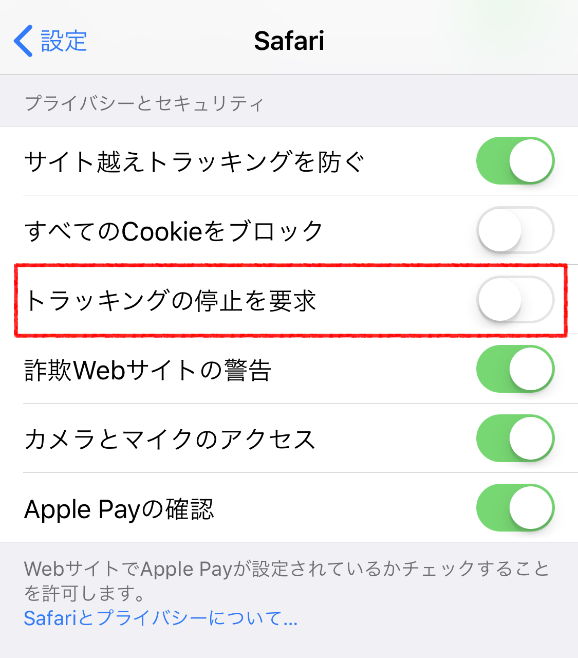 iOS Safari における DNT の設定画面例