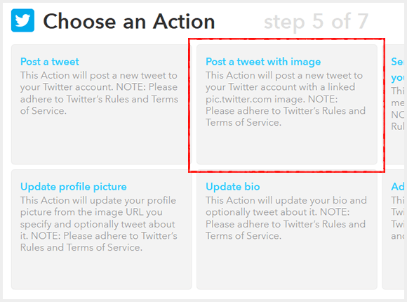 アクションでは Twitter チャンネルの 「Post a tweet with image」 を選択して画像付きツイートになるようにします