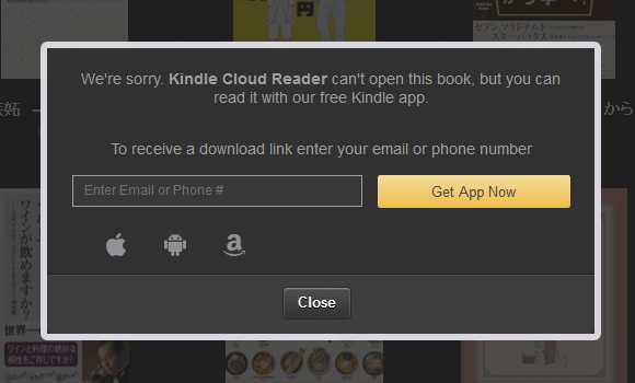 Kindle Cloud Reader で和書を表示しようとした際のエラー画面
