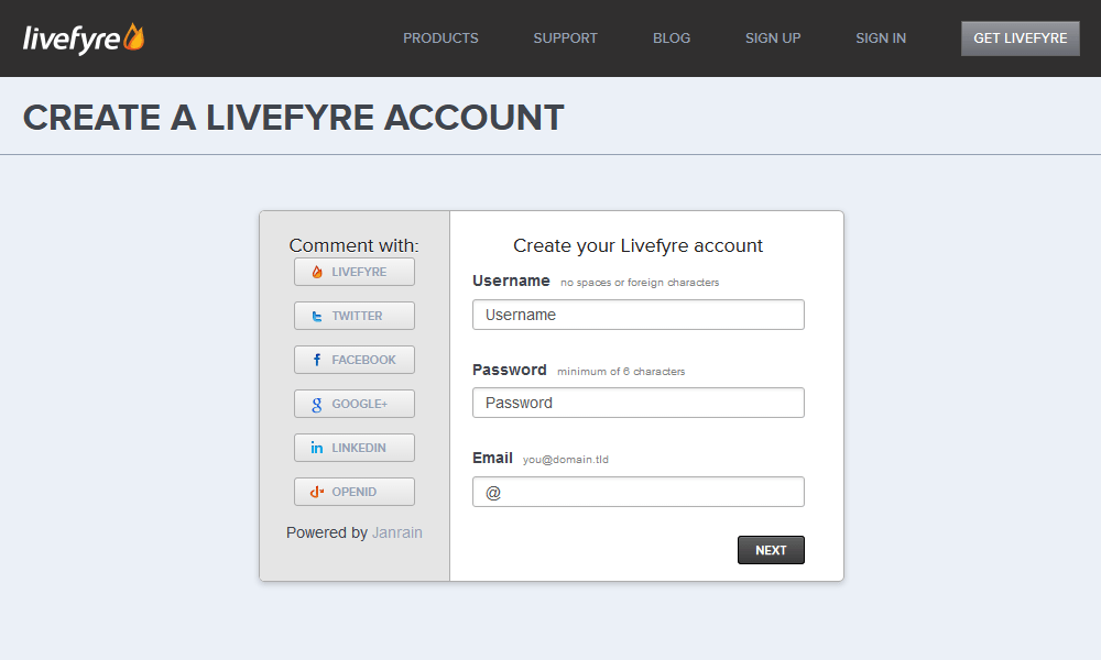 Livefyre アカウントの取得画面 - ユーザー名やパスワードを入力します。
