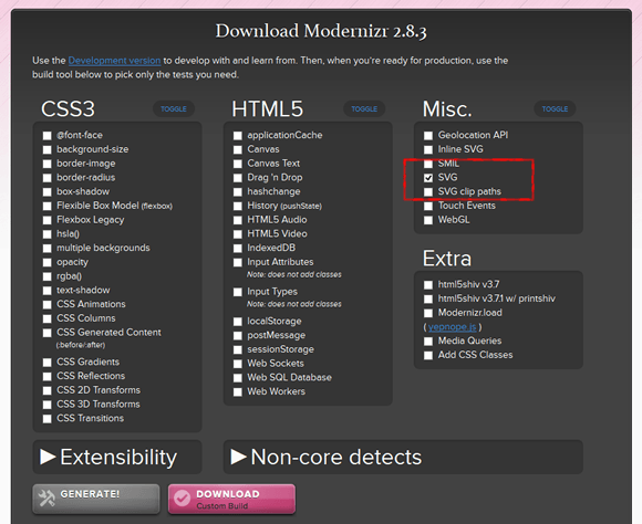 Modernizr Download Builder から SVG 判別ライブラリをダウンロード