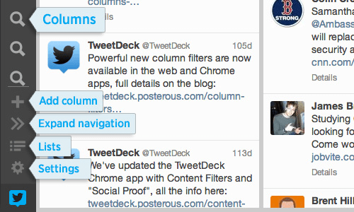 TweetDeck 新しい UI ： メニューがサイドに移動 （下部にはカラムの追加、ナビ表示、リスト表示、設定ボタンなど）