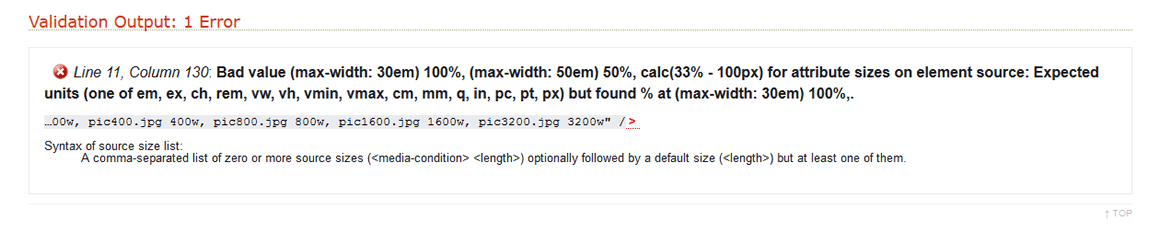 picture 要素、および srcset / sizes 属性を使用した invalid なサンプルソースを W3C Markup Validation Service で検証した際のエラー表示例