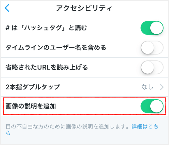 設定項目から「画像の説明を追加」を有効に