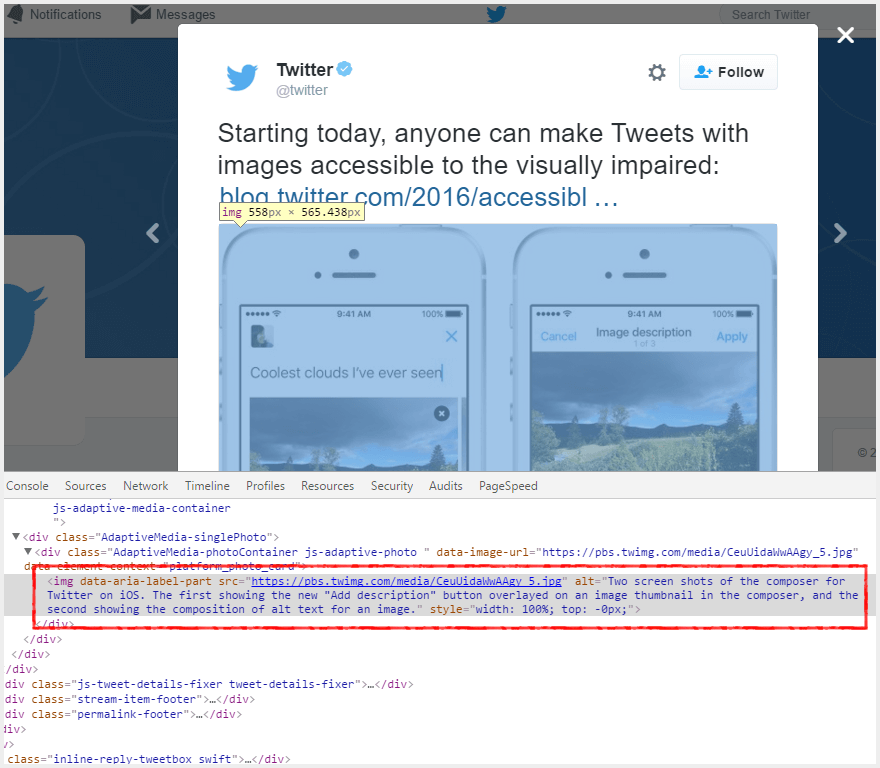 Twitter に投稿された画像に代替テキストが設定されている例